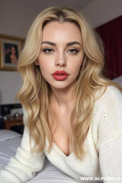 Blonde wavy hair, oversized sweater, no panties, bedroom, on bed, eye contact, ((plump lips)), ((full lips)), ((big lips)), lean body, horny - ai-porn.ai on pornintellect.com