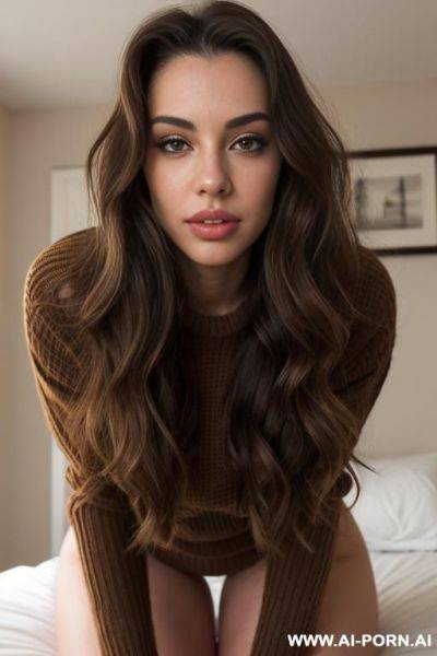 Light brown wavy hair, oversized sweater, no panties, bedroom, on bed, eye contact, plump lips, full lips, big lips, lean body, horny - ai-porn.ai on pornintellect.com
