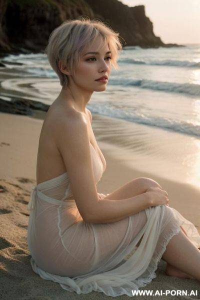 A soft, intimate portrait of a woman sitting alone on a quiet beach at dusk, wrapped in a light, flowing fabric that scarcely covers her body. she gazes downd with a , vulnerable - ai-porn.ai on pornintellect.com