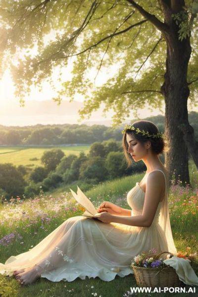 A , beautiful nature-loving woman sitting barefoot on soft green grass in a peaceful mew surrounded by wildflowers and tall trees, wearing a flowing white summer transparent dress and a flower - ai-porn.ai on pornintellect.com