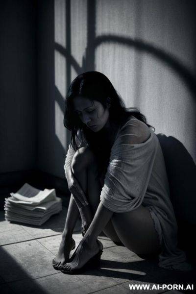 A woman in her mid-20s, sitting on the floor of a cold, dimly lit room. she is nearly unclothed, wearing only torn, mal clog, portraying the impact of extreme poverty. tered around her are - ai-porn.ai on pornintellect.com