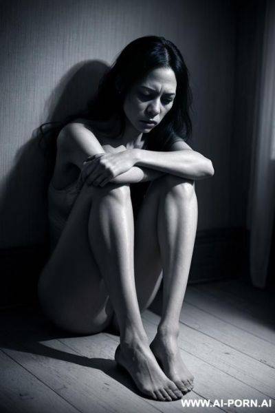A woman in her mid-20s, sitting on the floor of a cold, dimly lit room. she is nearly unclothed, wearing only torn, minimal clog, portraying the impact of extreme poverty. tered around her - ai-porn.ai on pornintellect.com