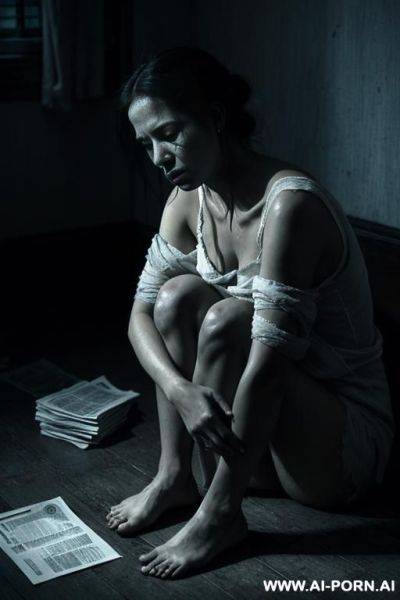 A woman in her mid-20s, sitting on the floor of a cold, dimly lit room. she is nearly unclothed, wearing only torn, minimal clog, portraying the impact of extreme poverty. scattered around - ai-porn.ai on pornintellect.com