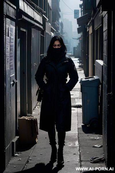 A woman in her mid-20s, hiding behind a dumpster in a dark alley at night, shaking in torn, minimal clog. her face is marked with fear and exhaustion. scattered around her are wrinkled - ai-porn.ai on pornintellect.com
