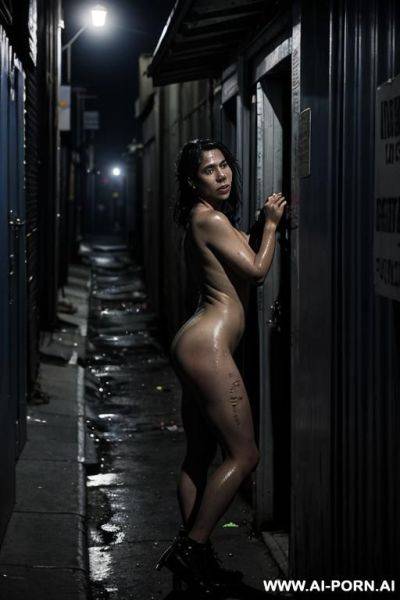 A beautiful woman in her mid-20s, hiding behind a dumpster in a dark alley at night, shaking in torn, mal clog. her face is marked with fear and exhaustion. tered around her are wrinkled - ai-porn.ai on pornintellect.com