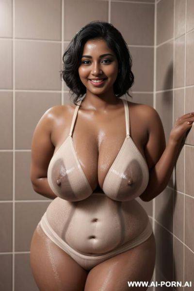 Indian, wife, nude, thick curvy body, standing in shower, bag, huge round boobs, massive natural breasts, dark skin, seductive happy face, bathroom, 3d style detail - ai-porn.ai - India on pornintellect.com