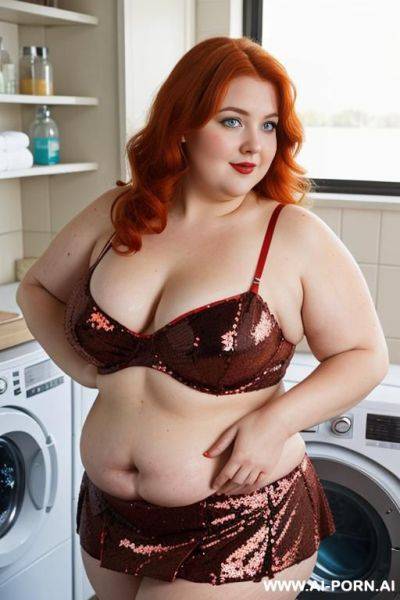 Half-length photo, ((half body photo shot close up)). as a set in the laundry area, a (((very obese))) fat chubby fat thick and bbw redhead british, ((she is washing clothes)). she has - ai-porn.ai - Britain on pornintellect.com