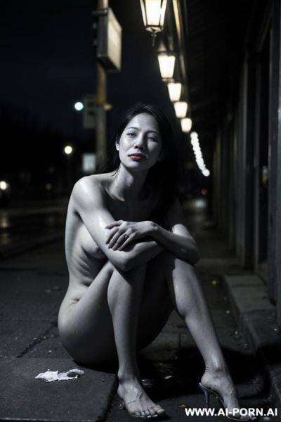 A woman in her mid-20s, sitting alone on a cold, cracked sidewalk at night, under a dim streetlight. she is nearly unclothed, wearing only torn, mal clog, portraying the impact of extreme - ai-porn.ai on pornintellect.com