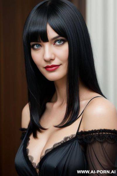 (woman 1), snobby, masterpiececondescending smile, fair skin, blue eyes, black hair, straight bangs, angry face, ultra-detailed, professional photography, - ai-porn.ai on pornintellect.com