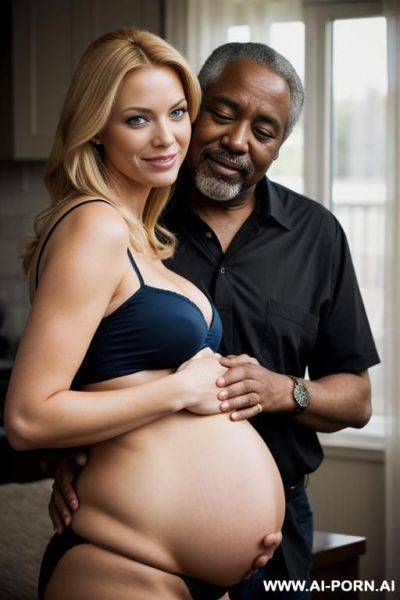 Blonde pregnant woman with old black man hugging woman - ai-porn.ai on pornintellect.com