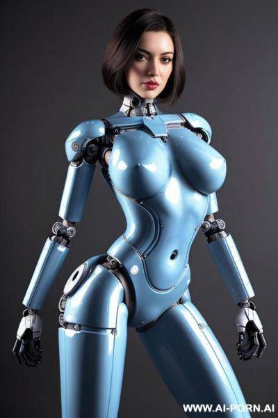 Beautiful realistic (( taur-women fully robotic body standing four legs)), detaleid face, skin in latex white and skyblue color, covered to latex, robotic big penis . to boots, hd image quality, ((no background)). - ai-porn.ai on pornintellect.com