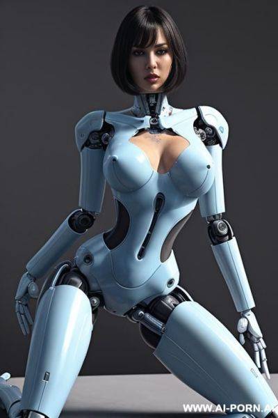 Beautiful realistic (( taur-women fully robotic body standing four legs)), detaleid face, skin in latex white and skyblue color, covered to latex, robotic big penis pussy. to boots, hd image quality, ((no background)). - ai-porn.ai on pornintellect.com