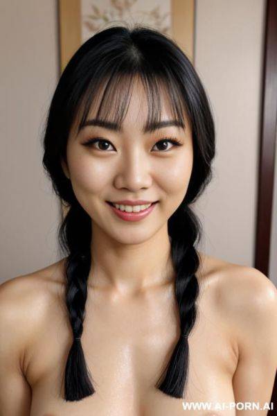Sexy korean woman, totally naked, braided hair, big ass, oiled, long eyelashes, smiling, beautiful, ultra-realistic, mascara tears, trimmed pussy hair, big eyes - ai-porn.ai - North Korea on pornintellect.com