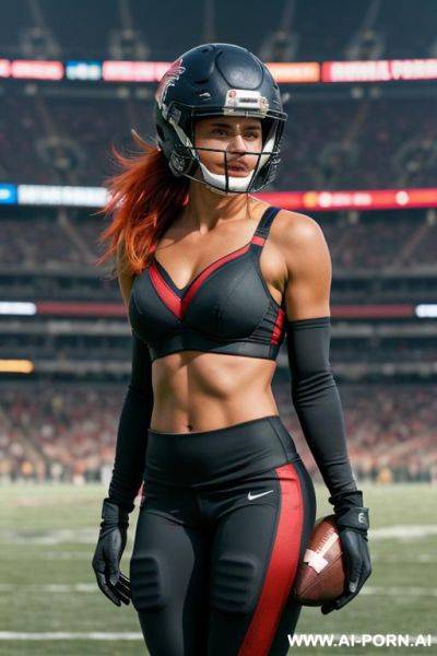 Sexy woman wearing extremely tight fishnet leggings, a bikini bra, and a short wraparound skirt. - ai-porn.ai on pornintellect.com