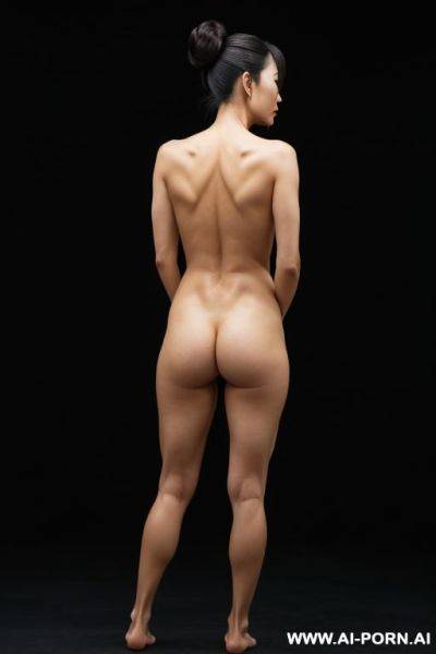 Completely naked.back of head.broad shoulders.take off your clothes.50-year-old, h: 12 cm. tall. hair up beautiful japanese woman. standing position. foot. back view.black background. - ai-porn.ai - Japan on pornintellect.com