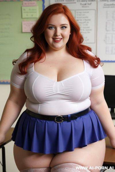 Half body photo shot close up, about at classroom, chubby ((obese but so hot)) redhead fat bbw curvy teacher, wearing a sexy and hot micro colorfull ruffle skirt, and stocking lingeries, sports top. teaching to the classroom. ((dynamic angle)) - ai-porn.ai on pornintellect.com