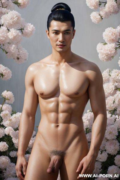 Hyperrealism painting: very beautiful sexy orgazm uzbek man, totally nude body. white skin. standing full-length view. art. pornstar. flowers. - ai-porn.ai - Uzbekistan on pornintellect.com