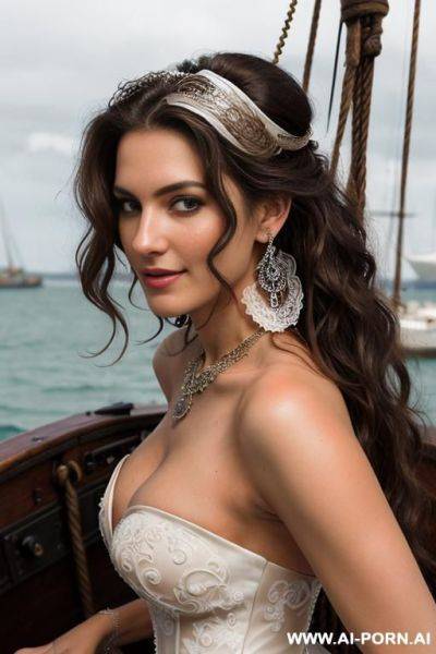 ((topless)), (steampunk pirate outfit), (pirate ship), (flirty), (slutty smirk), (soft seductive smile), (overcast day), (perfect model face), (light tan), (wide hips), (thick thighs), (eye contact), (necklace), (long voluminous hair), (topless) - ai-porn.ai on pornintellect.com