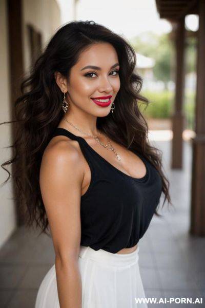 Heavily tanned skin, perfect body, hot face, perfect face, bimbo, influencer, bending over, facing viewer, plump lips, swollen lips, oversized lips, large lips, big lips, sleepy eyes, extreme voluminous long wavy darkest brown hair, confident smirk - ai-porn.ai on pornintellect.com