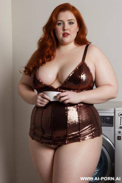 Half-length photo, ((half body photo shot close up)). as a set in the laundry area, a (((very obese))) fat chubby fat thick and bbw redhead british, ((she is washing clothes)). she has - ai-porn.ai - Britain on pornintellect.com