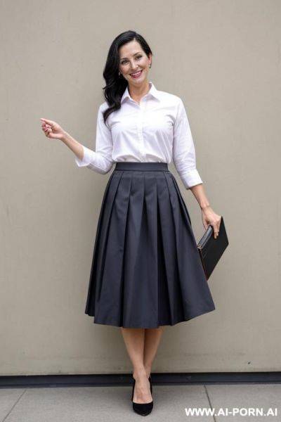 Milf, long skirt, high heels, pantyhose, hand pointing to board - ai-porn.ai on pornintellect.com