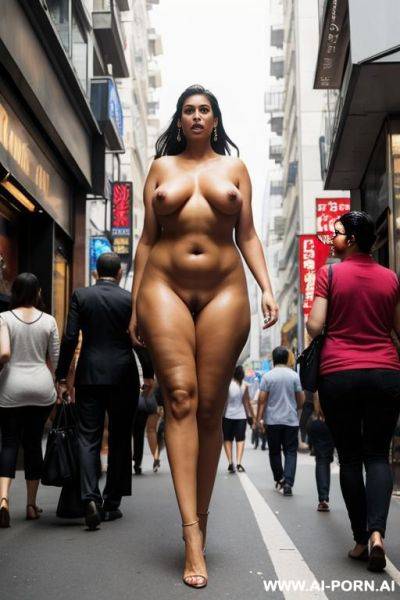 Super-naturally mega-tall giant woman, giantess, people are walking under her ankles, crowded street - ai-porn.ai on pornintellect.com