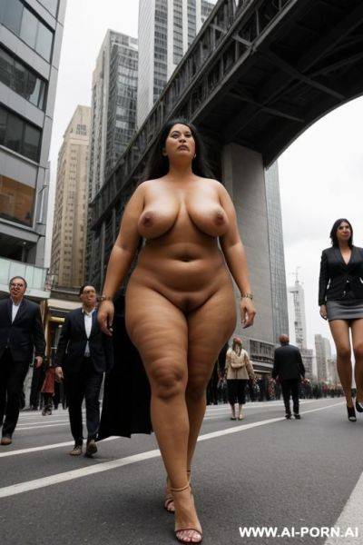 Super-naturally giant woman, giantess, people are walking under her ankles - ai-porn.ai on pornintellect.com