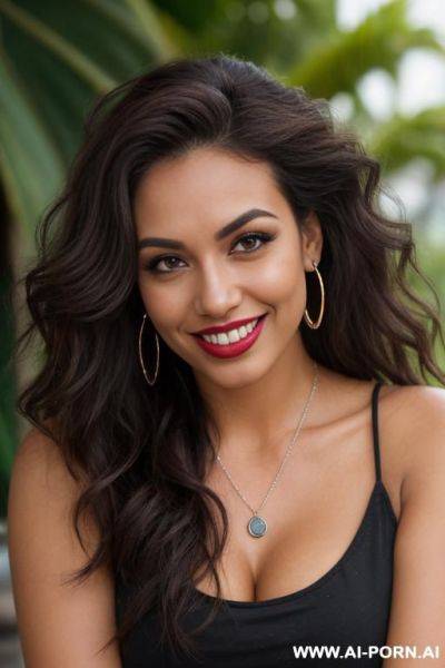 Heavily tanned skin, perfect body, hot face, perfect face, bimbo, influencer, bending over, facing viewer, plump lips, swollen lips, oversized lips, large lips, big lips, sleepy eyes, extreme voluminous long wavy darkest brown hair, confident smirk - ai-porn.ai on pornintellect.com
