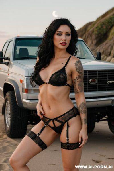 Beautiful, realistic, serbian, 30, slight cheekbones, wavy flowing hair, black hair, white skin, athletic body, saggy boobs, slight smile, makeup, eye shw, standing, spreading legs, naked, truck stop background. - ai-porn.ai - Serbia on pornintellect.com
