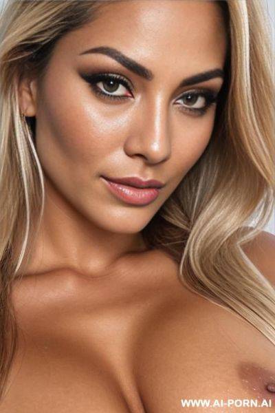 Stripper, perfect face, detailed face, cheek dimples, beautiful natural heavy oversized tits, brown eyes, perfect nipples, sexy eyes, open clothes, eye contact, extra long messy hair covering the - ai-porn.ai on pornintellect.com