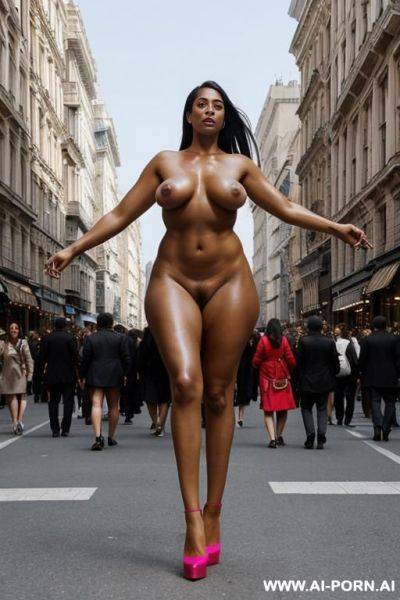 Super-naturally (sky-reaching) tall naked giant woman, giantess, people are walking, her shoes are bigger then people around, crowded street - ai-porn.ai on pornintellect.com