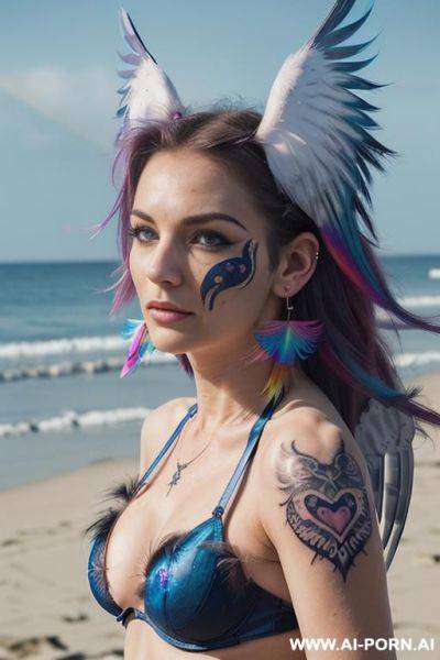 Face, sexy, beautiful, ((face painting)), ((bikini as seashell)), ((eyes shw)), ((angel wings)), ((rainbow hair)), ((sexy expression)), ((long bu hair)), ((wind)), (( cat face)), (( cat ears)), - ai-porn.ai on pornintellect.com