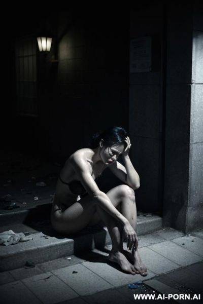 A beautiful woman, alone, cracked sidewalk at night, under a dim streetlight. she is nearly unclothed, wearing only torn, mal clog, portraying the impact of extreme poverty. tered around her are - ai-porn.ai on pornintellect.com