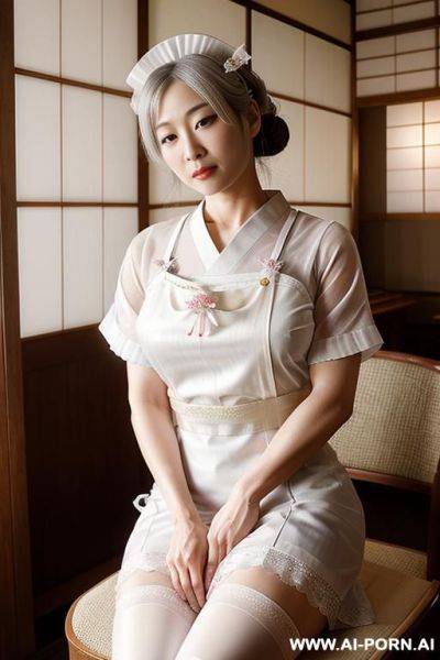 Masterpiece, fine details, breathtaking artwork, painterly art style, high quality, k, very detailed, high resolution, exquisite composition and lighting, white skin, ((((japanese mother wearing a maid outfit)))) - ai-porn.ai - Japan on pornintellect.com