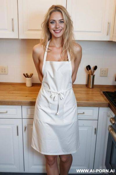 A european woman, smiling, 20 years old, blue eyes, long blond hair, very messy hair, lips, naked, apron, full body view - ai-porn.ai on pornintellect.com