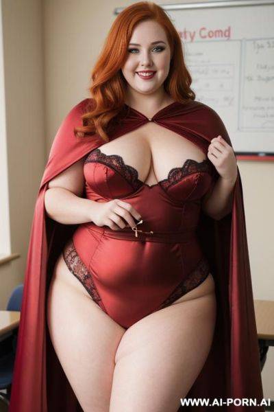 Close up half body photo shot, about at classroom, chubby very ((obese)) redhead fat bbw curvy teacher, wearing a sexy and hot heroine red and gold suit, a flowing cape and a sleek eye mask and stocking, teaching to the classroom. - ai-porn.ai on pornintellect.com