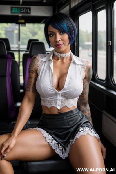 A naked dark-skinned muscular woman with short white hair, sprayed with white liquid in a collar, lies in tears with a lost look in full growth, toples, black lipstick - ai-porn.ai on pornintellect.com