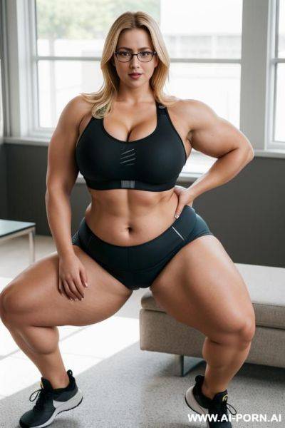 Blonde beautiful woman, (thick rimmed glasses) (sports bra), massive thighs, gigantic thighs, obese thighs, muscled bulked up thighs, huge thighs - ai-porn.ai on pornintellect.com