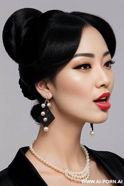 A classy, sexy woman. vintage low-disk hair, turn white eyes, tongue, mouth full of saliva. wear a string of large pearl necklace, wear a pair of retro palace style long earrings, wear black perspective qipao - ai-porn.ai on pornintellect.com