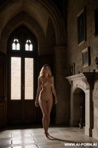 Totally naked, pussy, barefoot, collar, sad, walk, castle, captive, tiara, full frontal view - ai-porn.ai on pornintellect.com