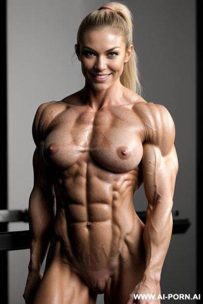 (extremely slender perfect musclebody), perfect face, ((big bright eyes)), (((nude caucasian white bodybuilder blakelee))), (((extremely narrow waist))), (v-tapered abs), (defined obliques), ((biggest - ai-porn.ai on pornintellect.com