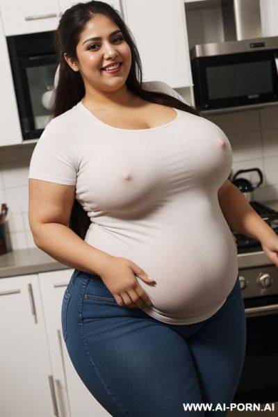 Mexican, hourglass figure, wearing band tshirt, high rise jeans, long hair, rotund body, lean face, vacuuming, cleaning - ai-porn.ai - Mexico on pornintellect.com
