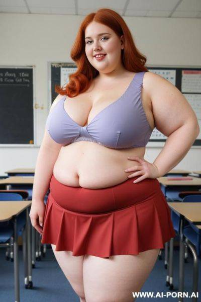 Close up full body photo shot, about at classroom, chubby ((very obese)) redhead fat bbw curvy teacher, wearing a sexy and hot micro red ruffle skirt, and elegant top, teaching to the classroom. - ai-porn.ai on pornintellect.com