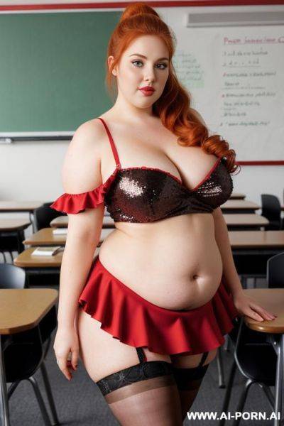 Close up half body photo shot, about at classroom, wearing a sexy and hot micro sequins red ruffle skirt ans high stockings, and elegant top, teaching to the classroom. - ai-porn.ai on pornintellect.com