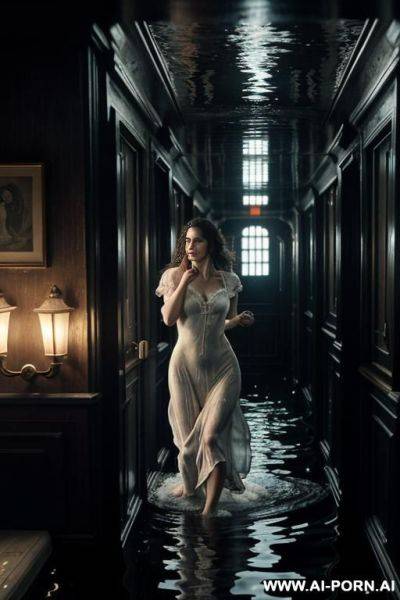 A dramatic scene of rose running in panic through the flooding gangway of the sinking titanic. her hair is wet and messy, her nightgown flowing as she sprints barefoot, eyes wide with fear. - ai-porn.ai on pornintellect.com