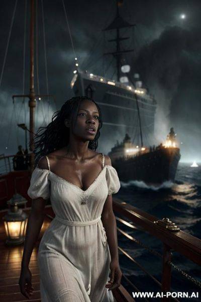 A cinematic scene of rose on the deck of the sinking titanic at night, barefoot and in a white nightgown, soaked and clinging to her skin, running in panic and desperation. her hair is - ai-porn.ai on pornintellect.com