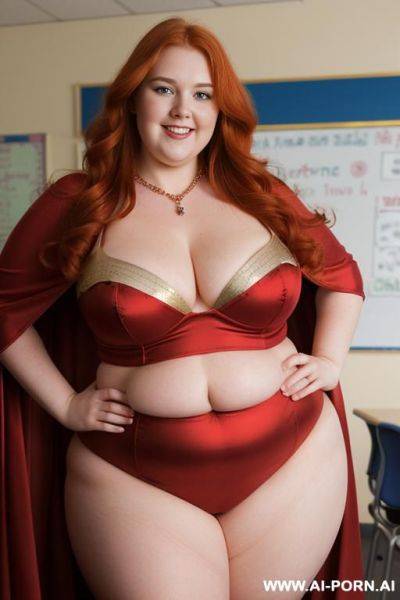 Close up half body photo shot, about at classroom, chubby very ((obese)) redhead fat bbw curvy teacher, wearing a sexy and hot and sexy heroine red and gold suit with cape, teaching to the classroom. - ai-porn.ai on pornintellect.com