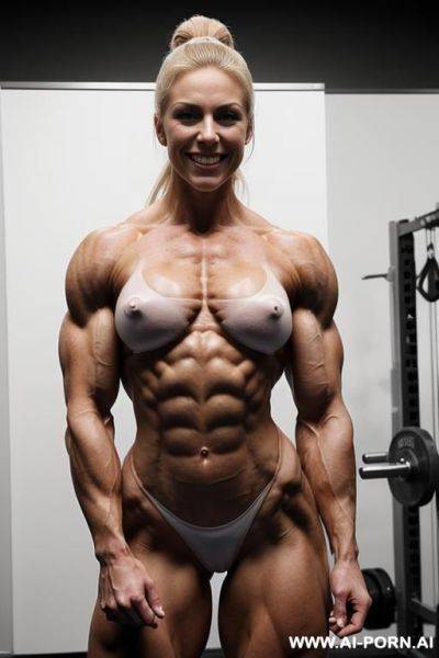 Bigger arms, photo of a nude strong sinewy bodybuilder woman, nude, whole body, ponytail, blonde, stronger arms, stronger shoulders, wide hips, strong body, very strong arms, (round hard biceps), - ai-porn.ai on pornintellect.com