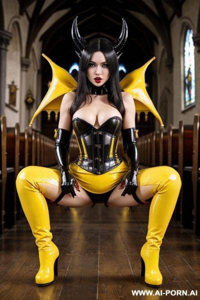 Latex leggings, knee high boots, squatting, devil horns, latex corset, yellow liquid dripping from crotch - ai-porn.ai on pornintellect.com