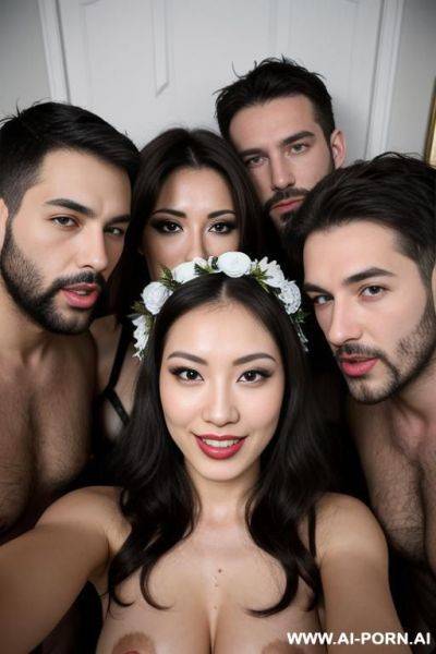 2 men and 1 woman fuck, perverse, beautiful, fucking, extremely hairy pussy, flower head wreath, group orgy, fucking, big nose, seductive, sexy pose, t-shirt, kissing, fucking, threesome, orgy, - ai-porn.ai on pornintellect.com